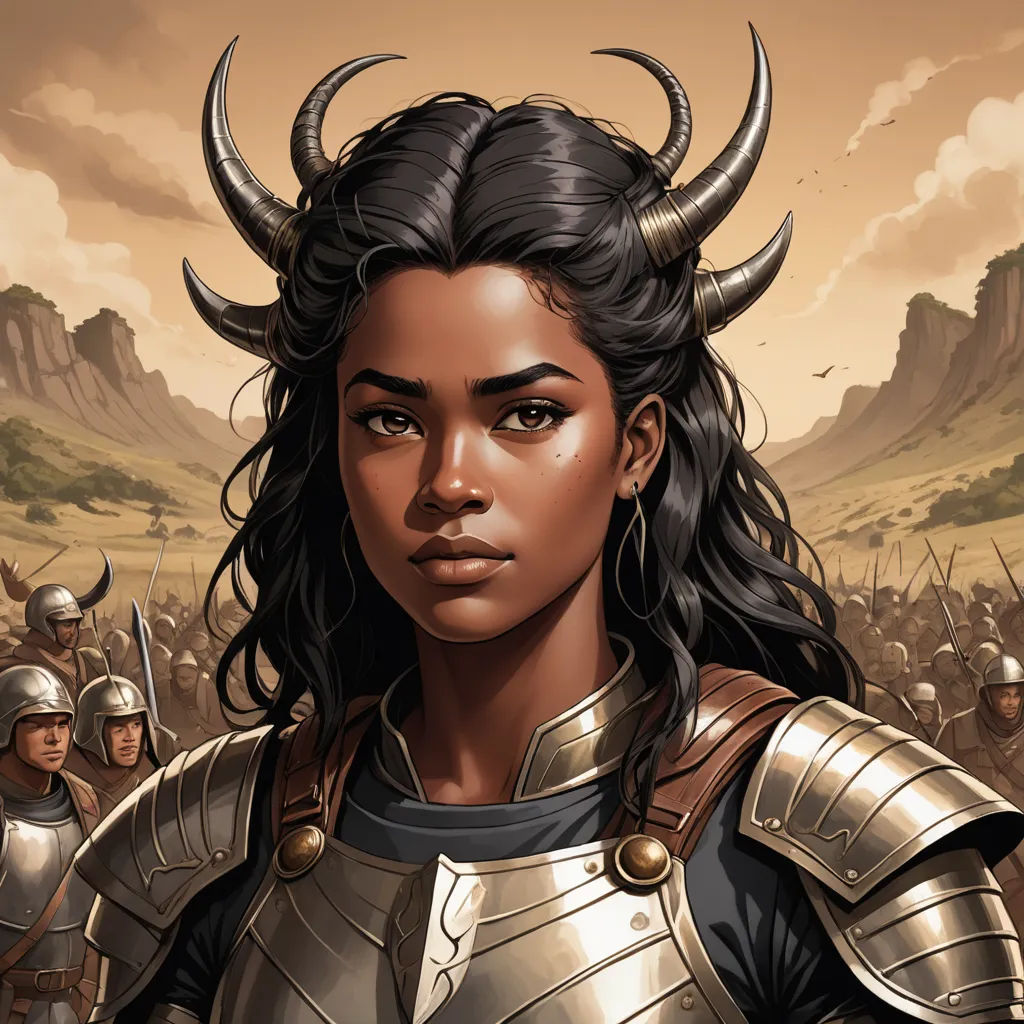 a woman in a armor with horns and a helmet on stands in front of a group of men in armor, fantasy art, a character portrait, Clint Cearley, epic fantasy character art
