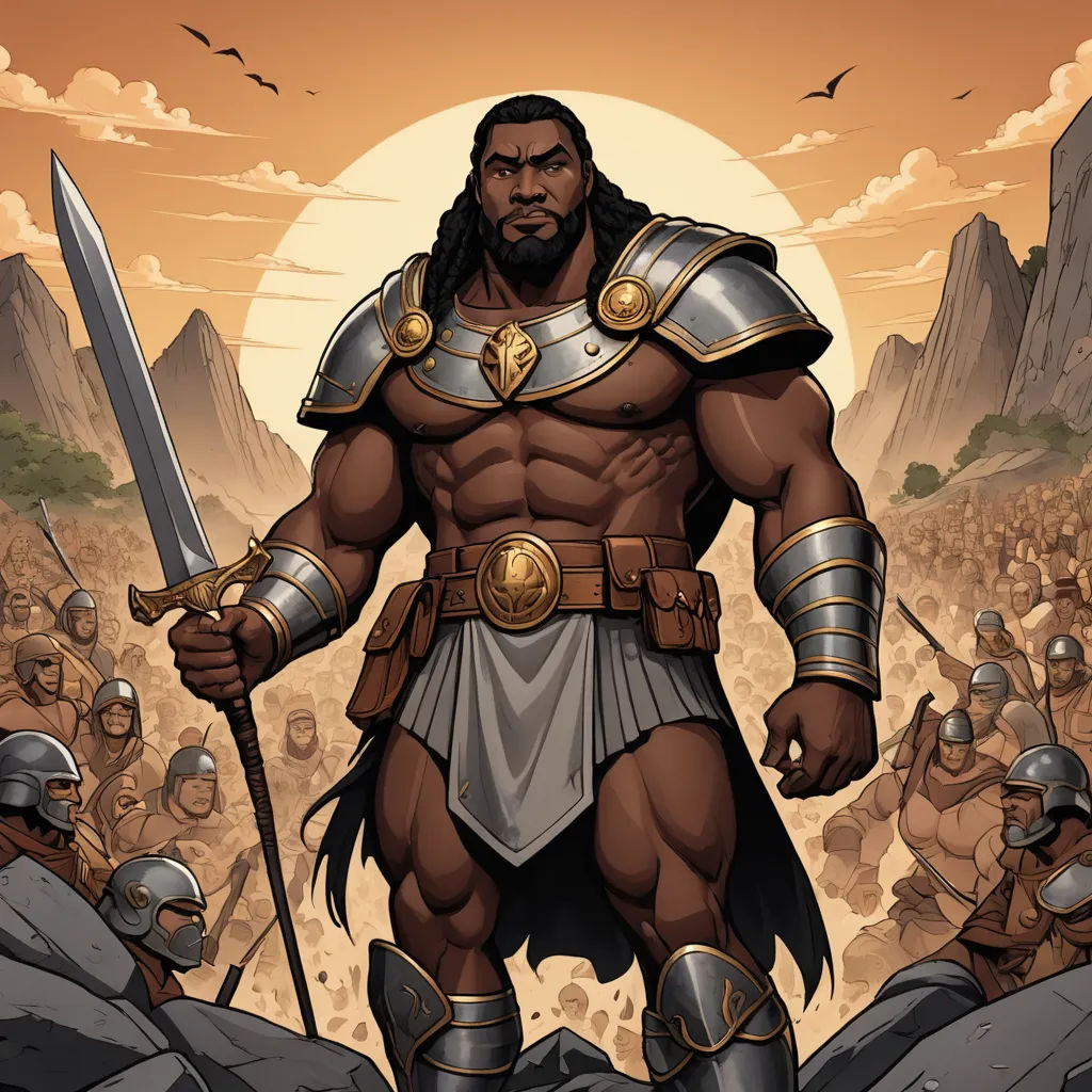 a cartoon of a man with a sword and armor standing in front of a group of men in armor, afrofuturism, a comic book panel, Altoon Sultan, epic fantasy character art