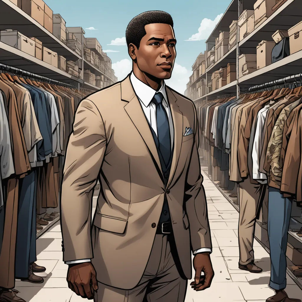 a man in a suit is standing in a store with a suit rack full of shirts and ties on, american realism, a character portrait, Allan Brooks, graphic novel