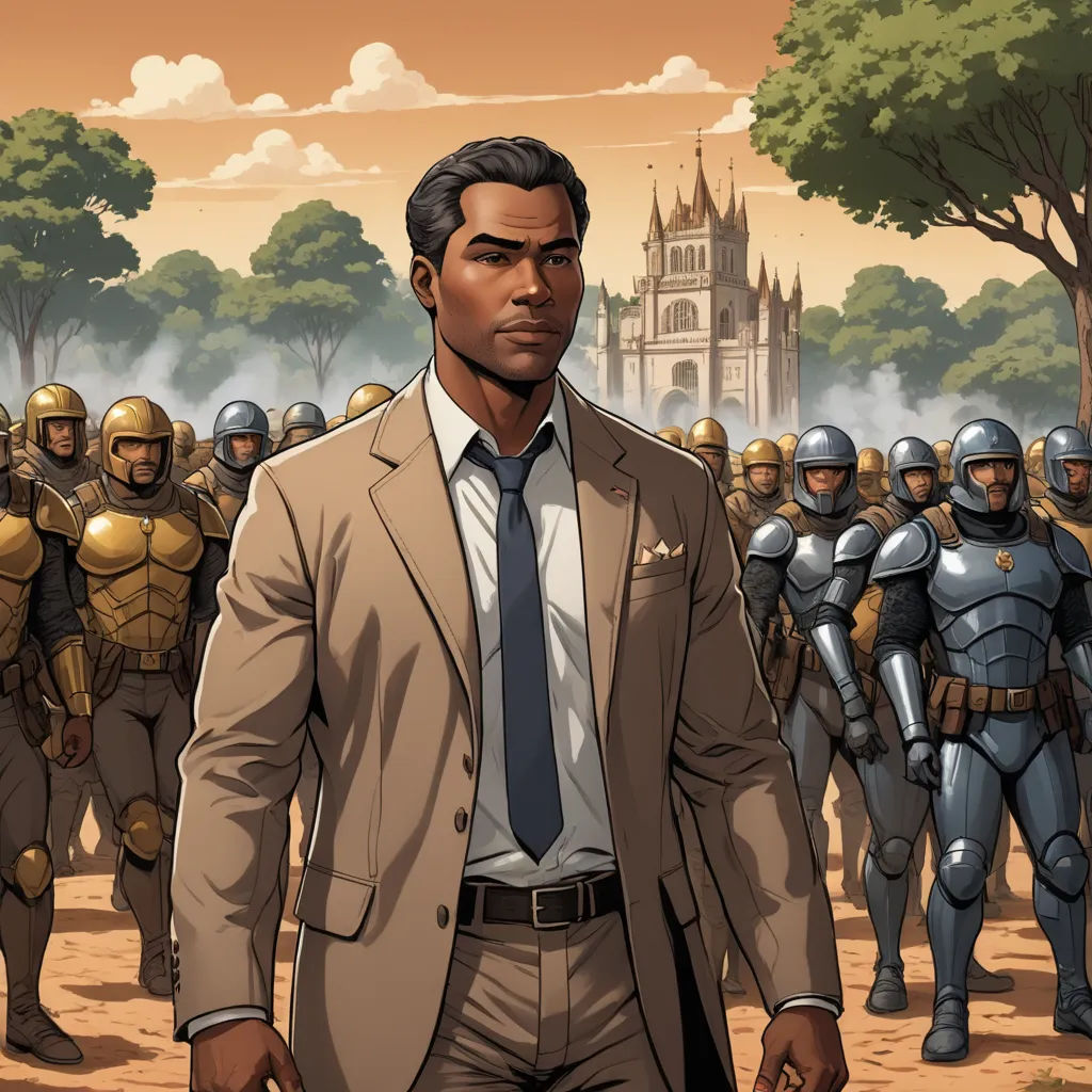 a man in a suit and tie standing in front of a group of soldiers in a cartoon style scene, afrofuturism, a comic book panel, Cedric Seaut (Keos Masons), comic cover art