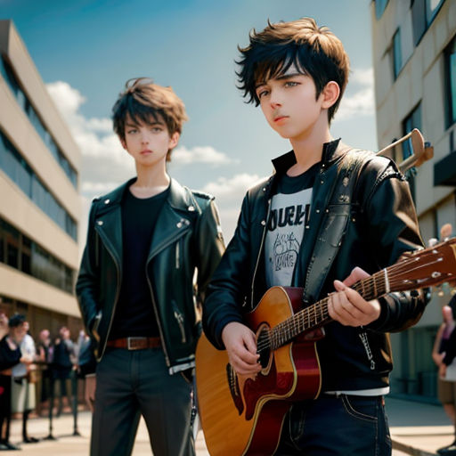 two young men are playing guitars outside in the sun, while a crowd of people watch them from the sidewalk