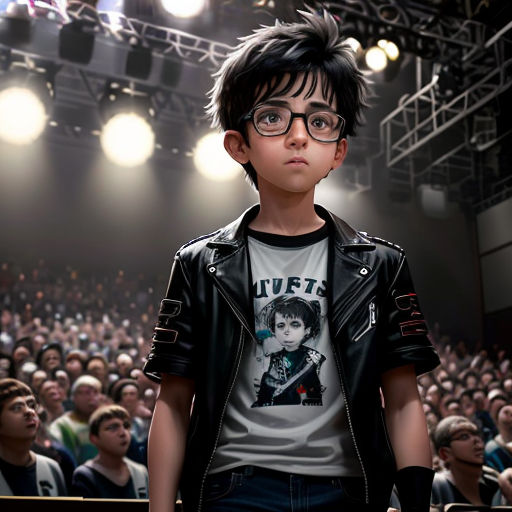a young boy wearing glasses standing in front of a crowd of people in a theater with a microphone in his hand