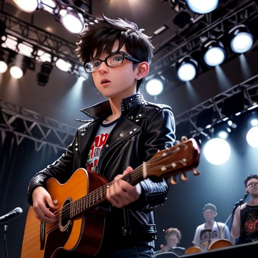 a young man playing a guitar in front of a crowd of people on stage with lights on the ceiling