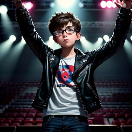 a young boy in a leather jacket and glasses standing in front of a stage with his hands up in the air