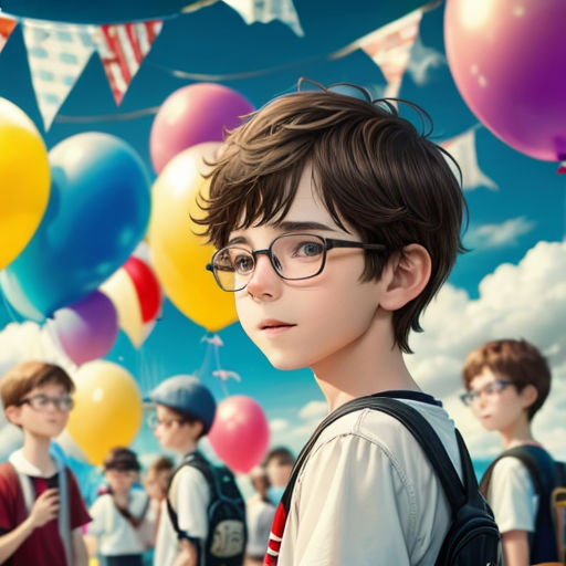 a boy with glasses and a backpack standing in front of balloons and flags in the sky with a sky background