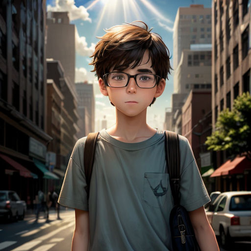 a boy with glasses standing in the middle of a street with a sky background and a sun shining over him