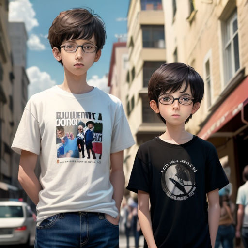 two young boys standing next to each other on a street corner with buildings in the background and people walking on the sidewalk