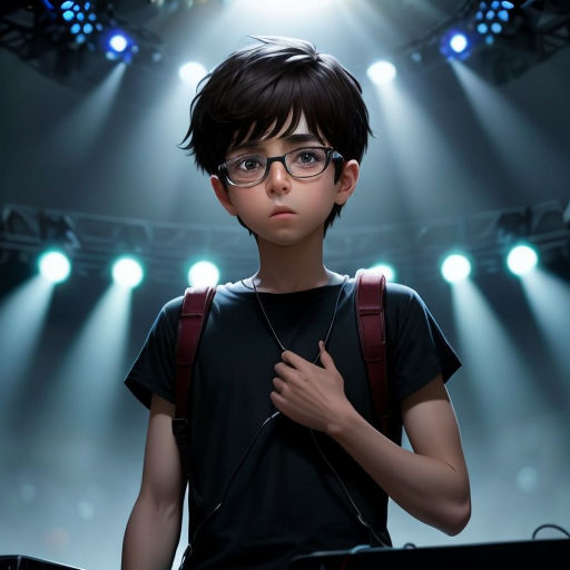 a boy with glasses and a backpack standing in front of a stage with lights on it and a microphone