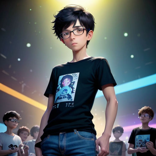 a boy in glasses standing in front of a group of people in a room with lights on the ceiling