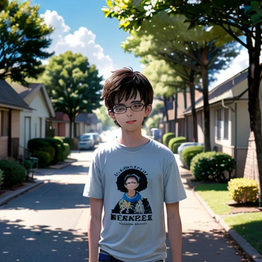 a boy in glasses standing on a sidewalk in front of houses with trees and bushes in the background and a street lined with houses