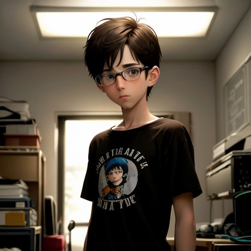 a boy with glasses standing in a room with a microwave and a microwave oven in the background and a microwave oven in the foreground