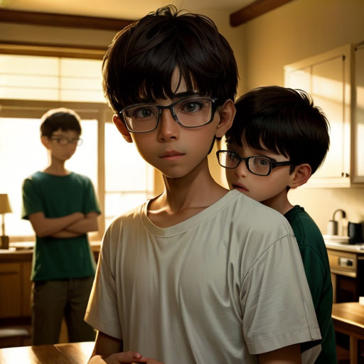a boy and a boy standing in a kitchen with a boy looking at the camera and a boy standing behind him