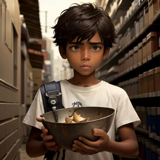 a boy holding a bowl of food in a library aisle with bookshelves in the background and a camera in his hand