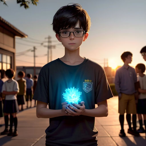 a boy holding a glowing ball in his hands while standing in front of a group of children on a sidewalk
