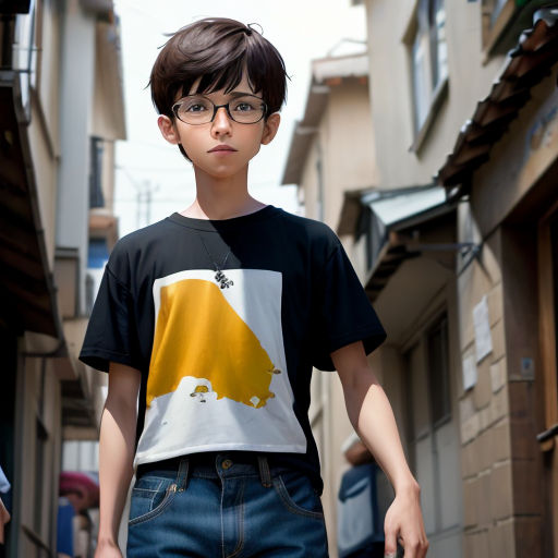a young boy wearing glasses and a t - shirt with a yellow triangle on it, walking down a narrow street