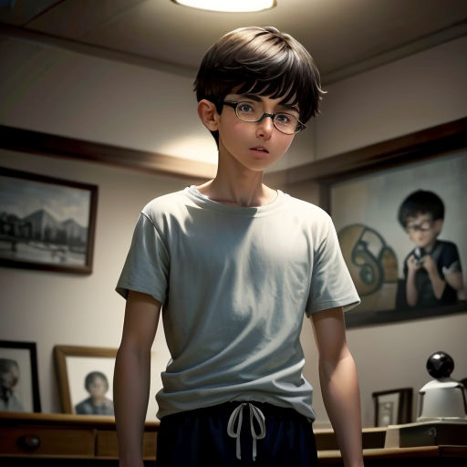 a boy with glasses standing in a room with pictures on the wall and a lamp above him and a lamp shade on the ceiling