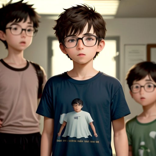 three young boys wearing glasses and t - shirts with a picture of a boy with glasses on his shirt