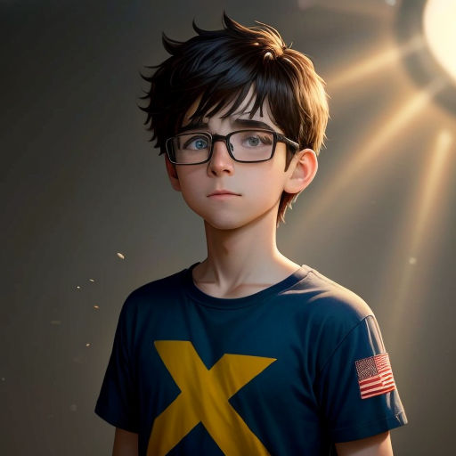 a boy with glasses and a flag shirt on, staring at the camera with a light shining behind him