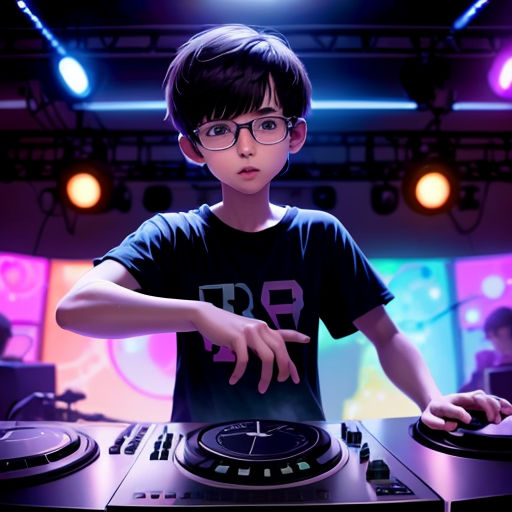 a boy in a black shirt is playing a dj set up in a room with lights and a dj's turntable