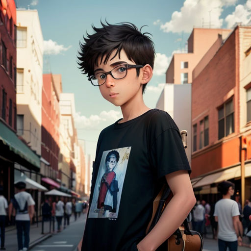 a boy with glasses standing on a street corner in a city with people walking around and buildings in the background
