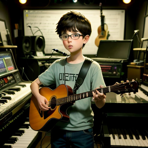 a young boy is playing a guitar in a recording studio with a keyboard and a microphone behind him and a keyboard behind him