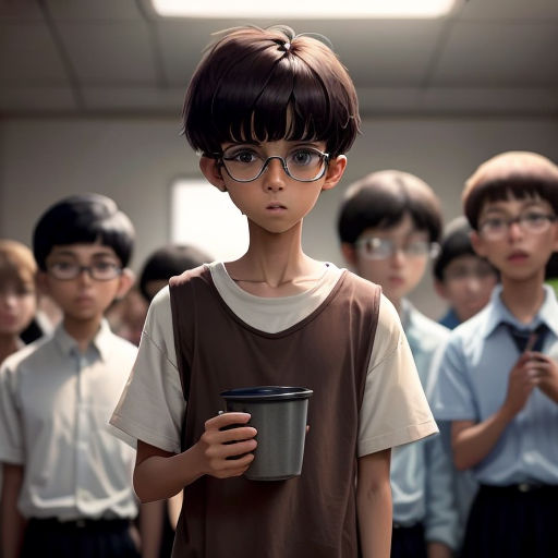 a group of children standing around each other holding a cup of coffee and looking at the camera with glasses on