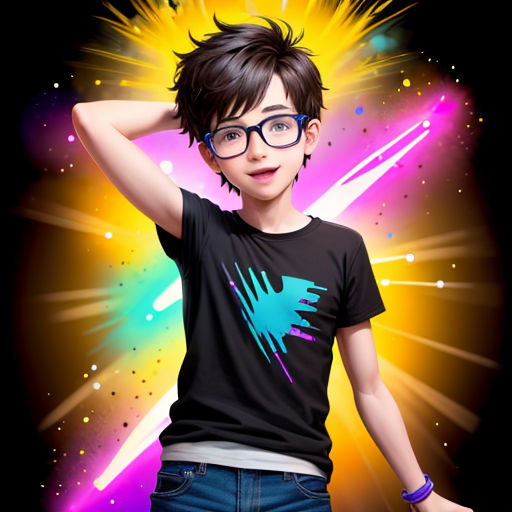 a young boy wearing glasses and a black shirt with a colorful background and a star burst behind him,