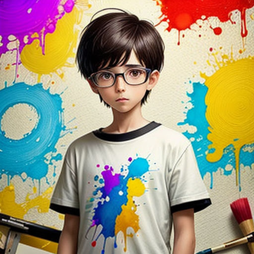 a young boy with glasses and paintbrushes in front of a colorful background of paint splatters