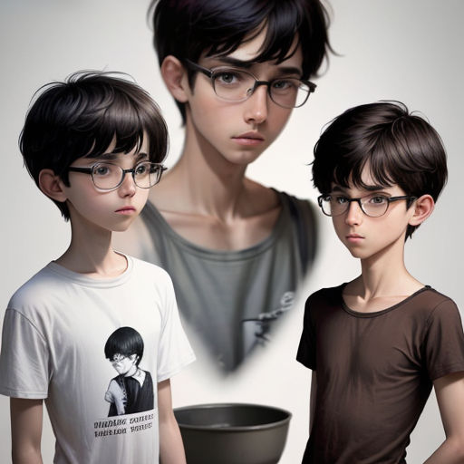 a man and two boys are standing next to each other with glasses on their faces and one boy has a bowl in front of him