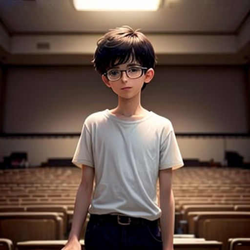 a boy in glasses standing in front of a lecture hall with rows of chairs in the background and a light shining on the ceiling