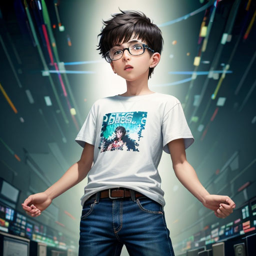 a boy with glasses standing in front of a screen with a video game on it's back ground