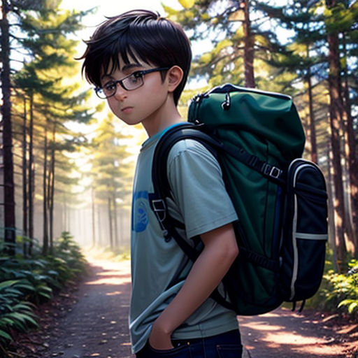a boy with a backpack standing on a path in the woods with trees in the background and sunlight shining through the trees
