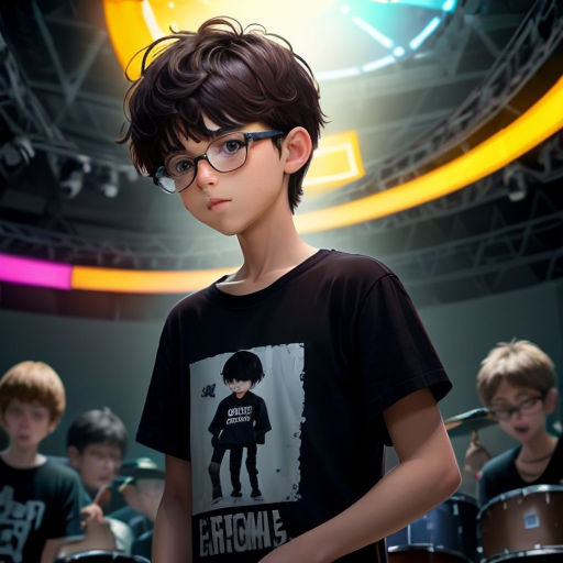 a boy with glasses and a t - shirt with a picture of a boy with a gun on it