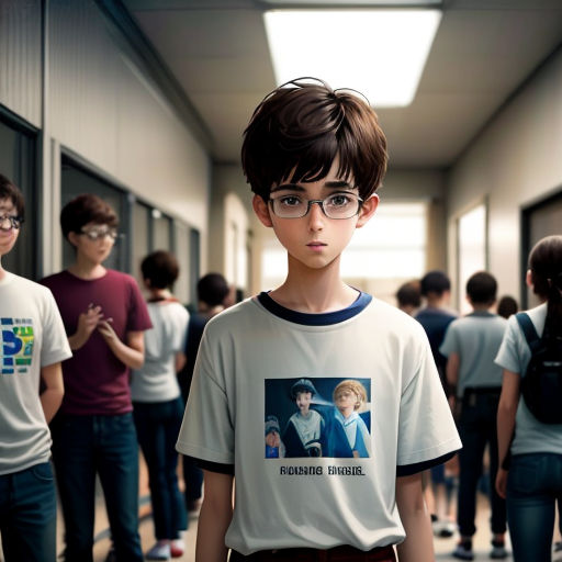 a boy with glasses standing in a hallway with other people in the background and a poster on the t - shirt