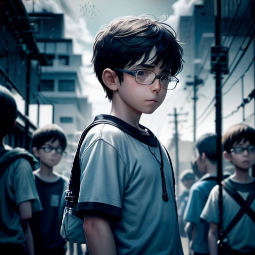 a boy with glasses standing in front of a group of people in a city street with buildings and telephone poles