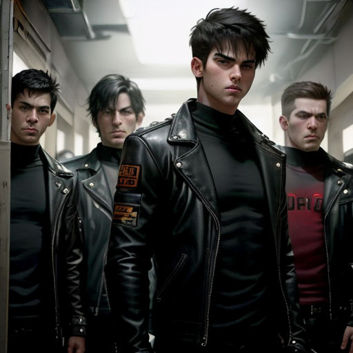 a group of men in leather jackets standing in a hallway together, all looking at the camera with a serious look on their face