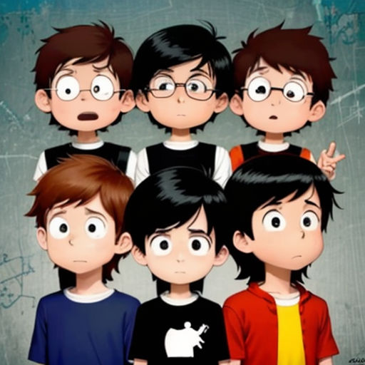 a group of young boys with glasses on their faces and one pointing at the camera with a surprised look on his face