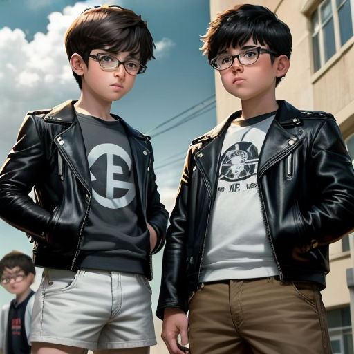 two young boys wearing glasses and leather jackets standing next to each other in front of a building with a sky background