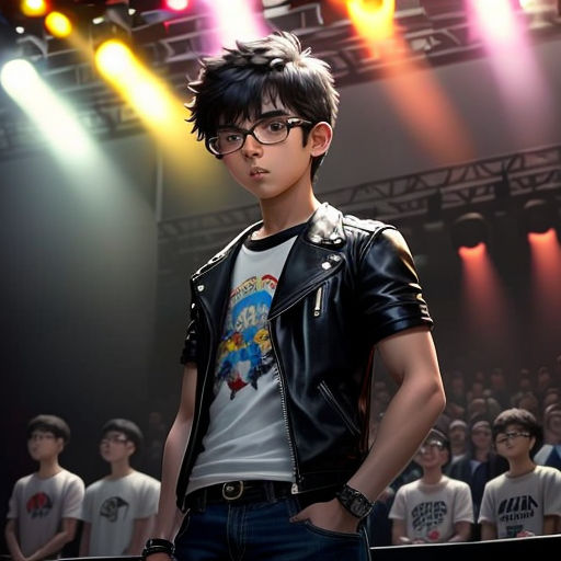 a man in a leather jacket standing in front of a crowd of people in front of a stage with lights