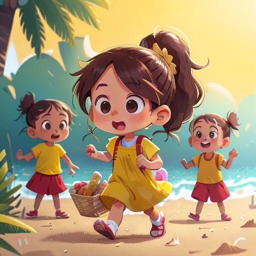a group of children running on a beach with a basket of food in their hand and a man in the background