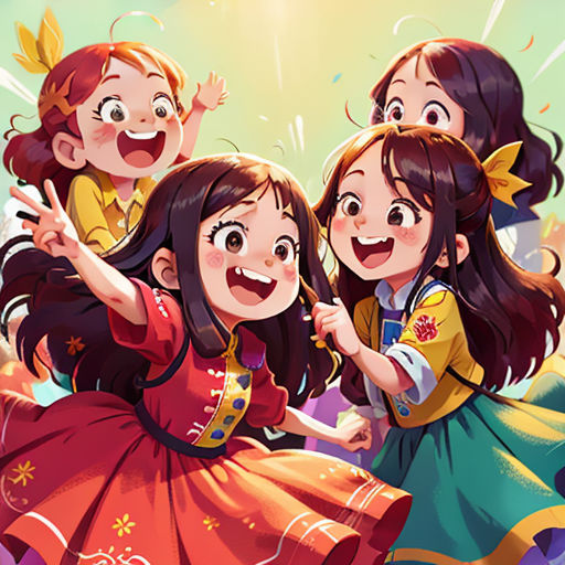 a group of children are dancing together in a cartoon style with a sun in the background and a blue sky