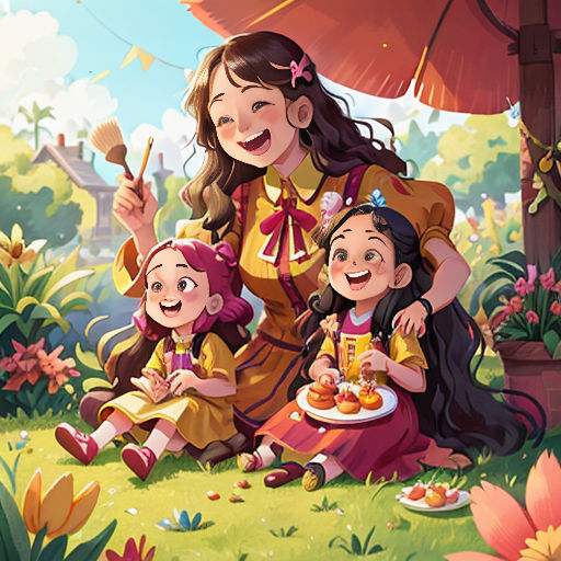 a painting of a mother and two daughters sitting under an umbrella in a garden with flowers and a cake