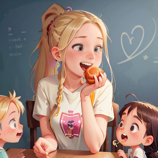 a girl eating a donut while two other children look on from behind her at a table with a chalkboard