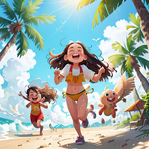 a cartoon of a girl running on a beach with other children and birds around her and a sun shining behind her