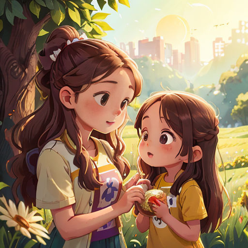 two girls are standing in a field of flowers and trees, one of them is eating a sandwich and the other is looking at the camera