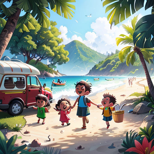 a family walking on a beach holding hands and holding hands with a van in the background and a boat in the water