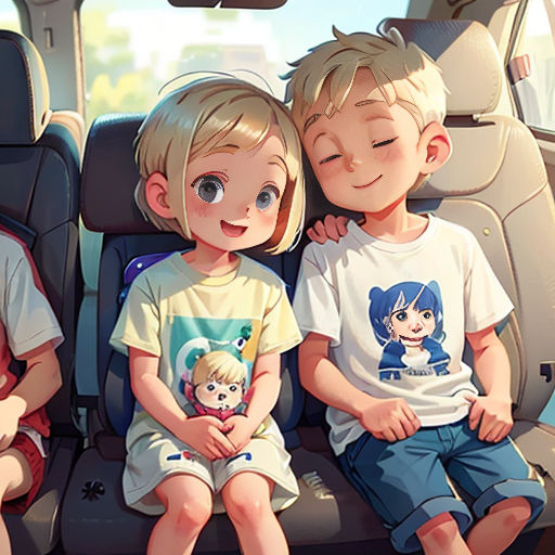 three children sitting in the back of a car with their arms around each other and smiling at the camera
