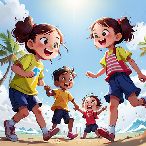 a group of children playing on the beach with a sky background and palm trees in the background, with a sun shining