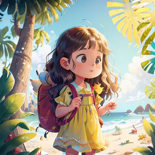 a little girl with a backpack standing on a beach near the ocean and palm trees, looking at the camera