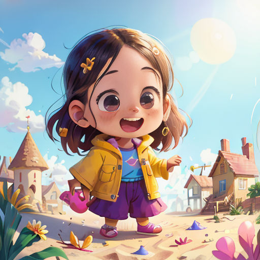 a cartoon girl is walking through a small town with a clock on the wall and a building in the background